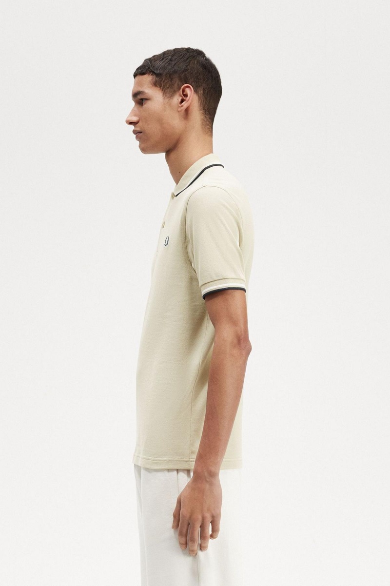 Light Oyster / Snow White / Petrol Blue Fred Perry M3600 Men's Fred Perry Shirt | SGCVG74799