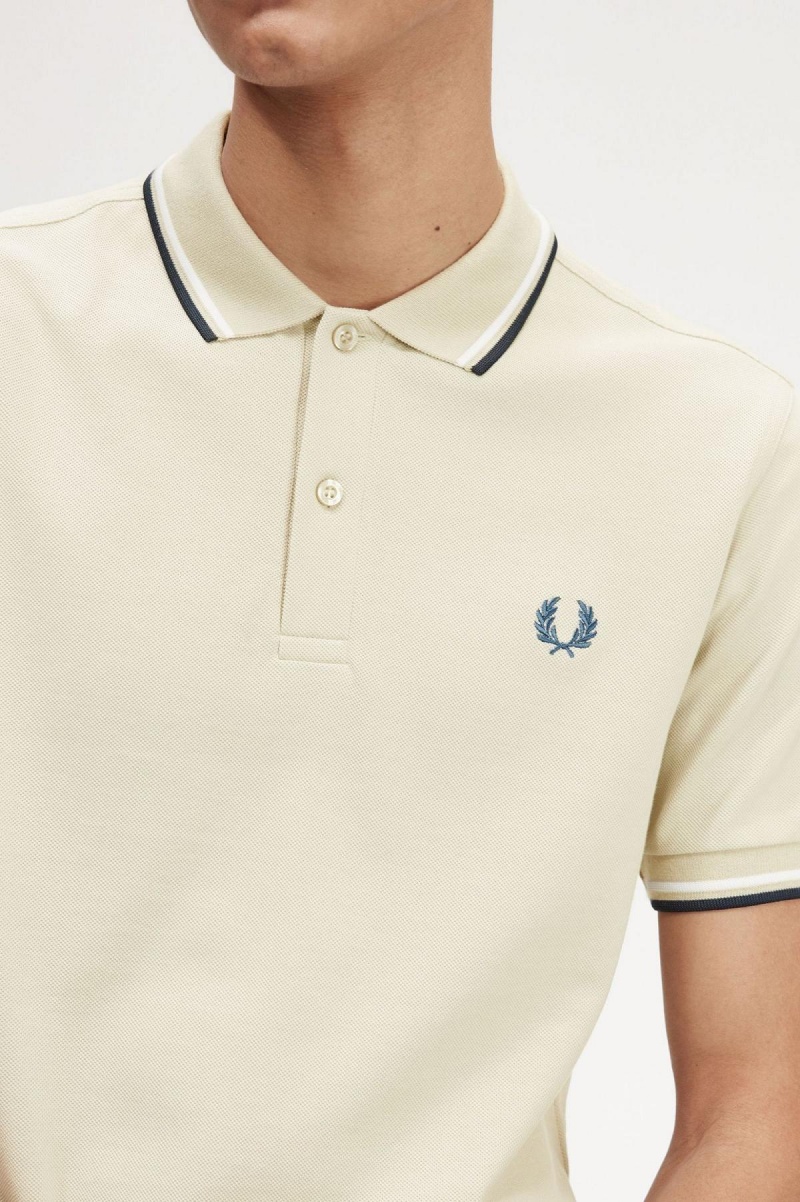 Light Oyster / Snow White / Petrol Blue Fred Perry M3600 Men's Polo Shirts | SGNZX83580