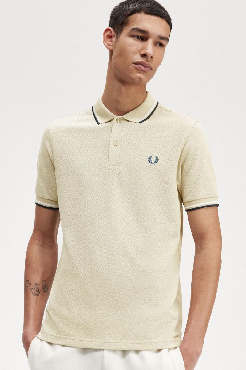 Light Oyster / Snow White / Petrol Blue Fred Perry M3600 Men's Polo Shirts | SGNZX83580