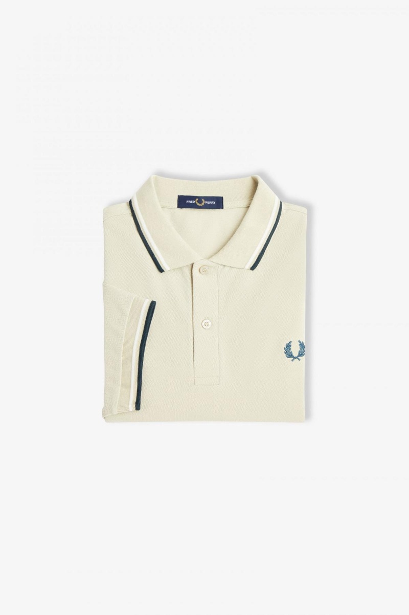 Light Oyster / Snow White / Petrol Blue Fred Perry M3600 Men's Polo Shirts | SGNZX83580