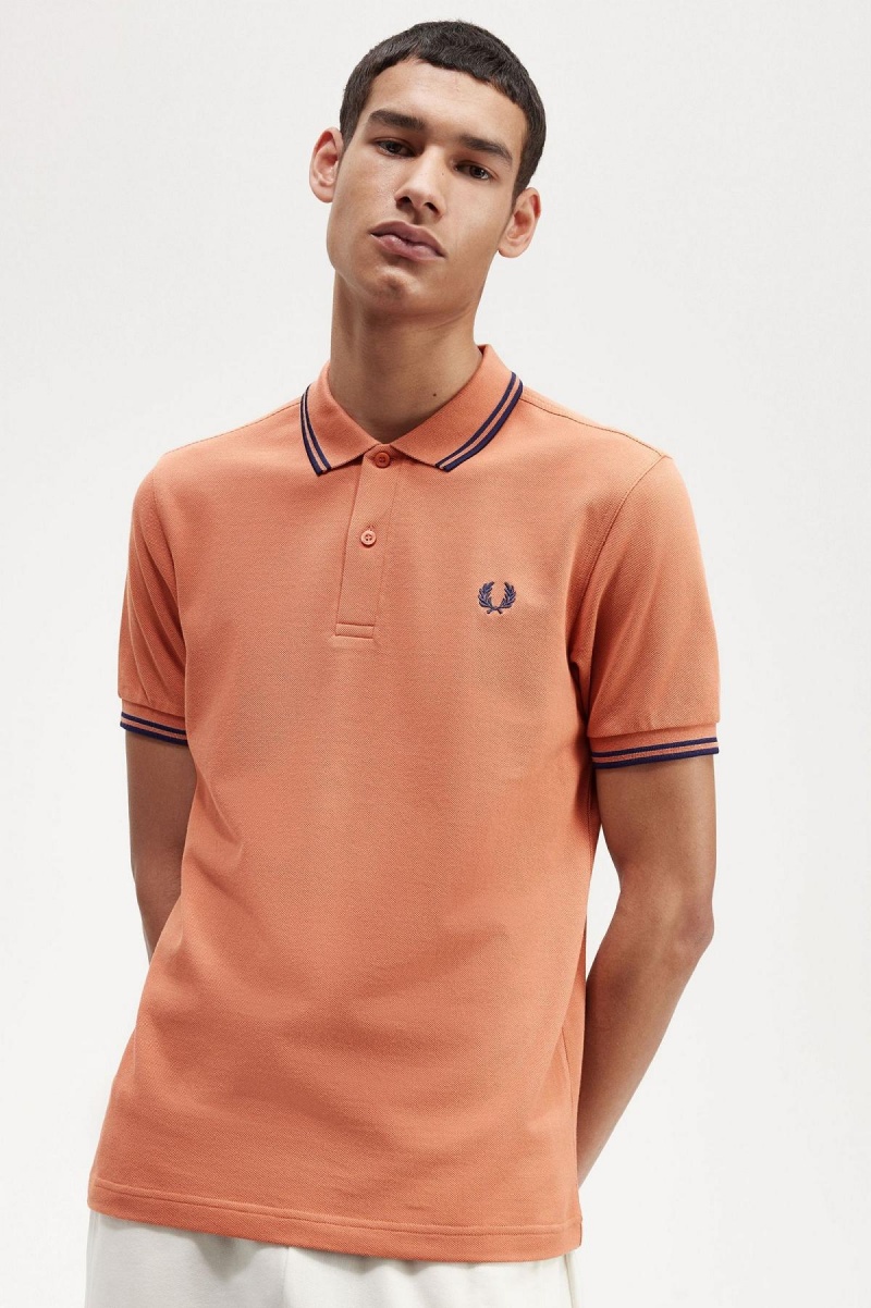 Light Rust / French Navy / French Navy Fred Perry M3600 Men's Polo Shirts | YSGVQ47488