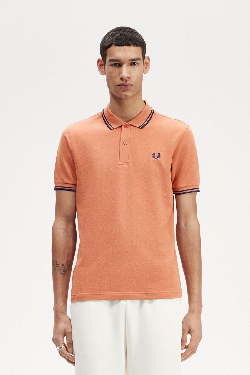 Light Rust / French Navy / French Navy Fred Perry M3600 Men\'s Polo Shirts | YSGVQ47488