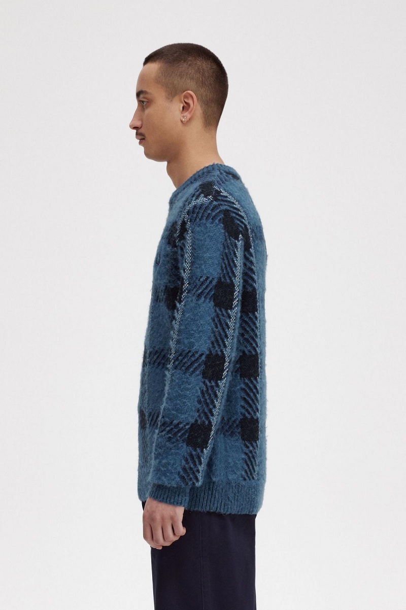 Midnight Blue Fred Perry Glitch Tartan Jumper Men's Knitwear | ZSGNQ71130