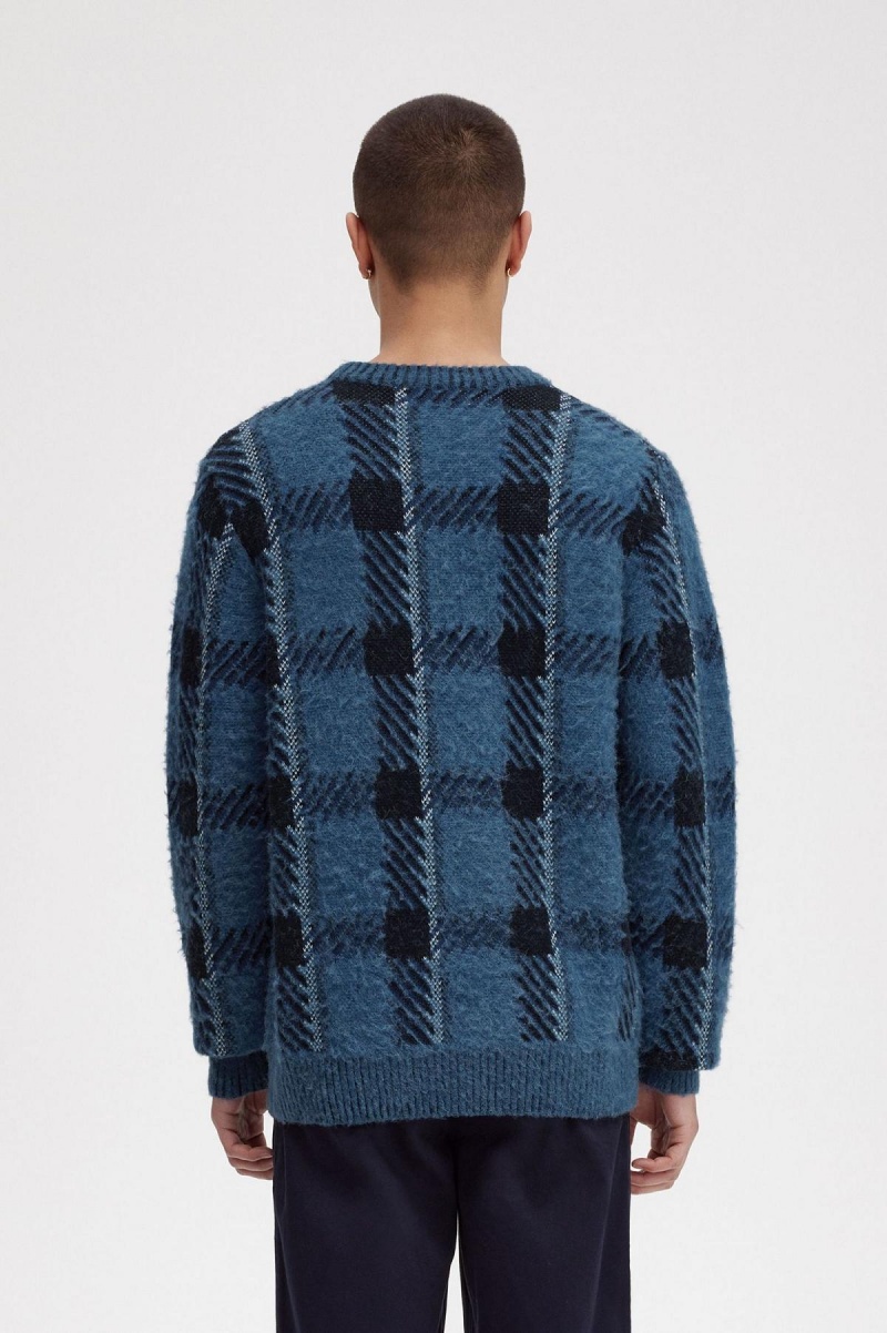 Midnight Blue Fred Perry Glitch Tartan Jumper Men's Knitwear | ZSGNQ71130