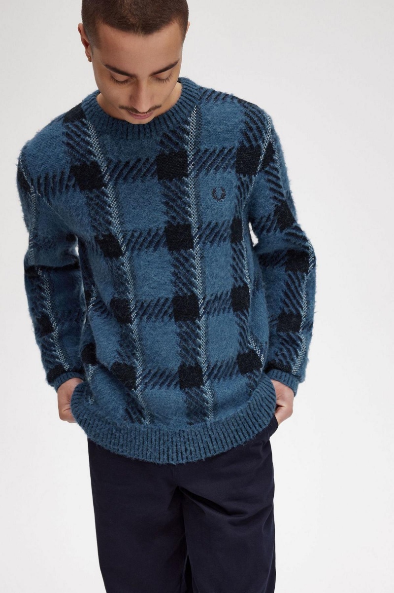 Midnight Blue Fred Perry Glitch Tartan Jumper Men's Knitwear | ZSGNQ71130