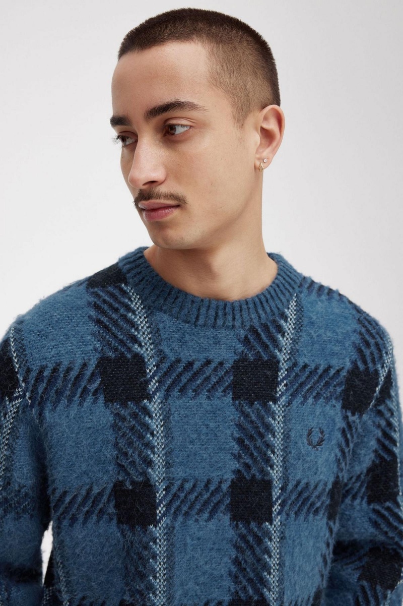 Midnight Blue Fred Perry Glitch Tartan Jumper Men's Knitwear | ZSGNQ71130