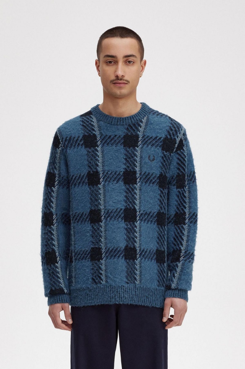 Midnight Blue Fred Perry Glitch Tartan Jumper Men\'s Knitwear | ZSGNQ71130