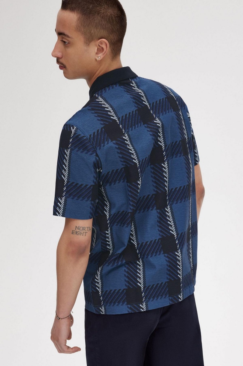 Midnight Blue Fred Perry Glitch Tartan Zip Neck Polo Shirt Men's Polo Shirts | SGNEJ51537