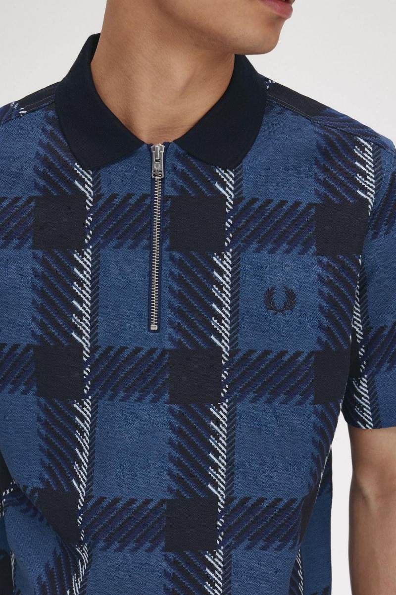 Midnight Blue Fred Perry Glitch Tartan Zip Neck Polo Shirt Men's Polo Shirts | SGNEJ51537