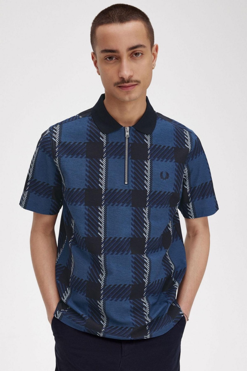 Midnight Blue Fred Perry Glitch Tartan Zip Neck Polo Shirt Men's Polo Shirts | SGNEJ51537