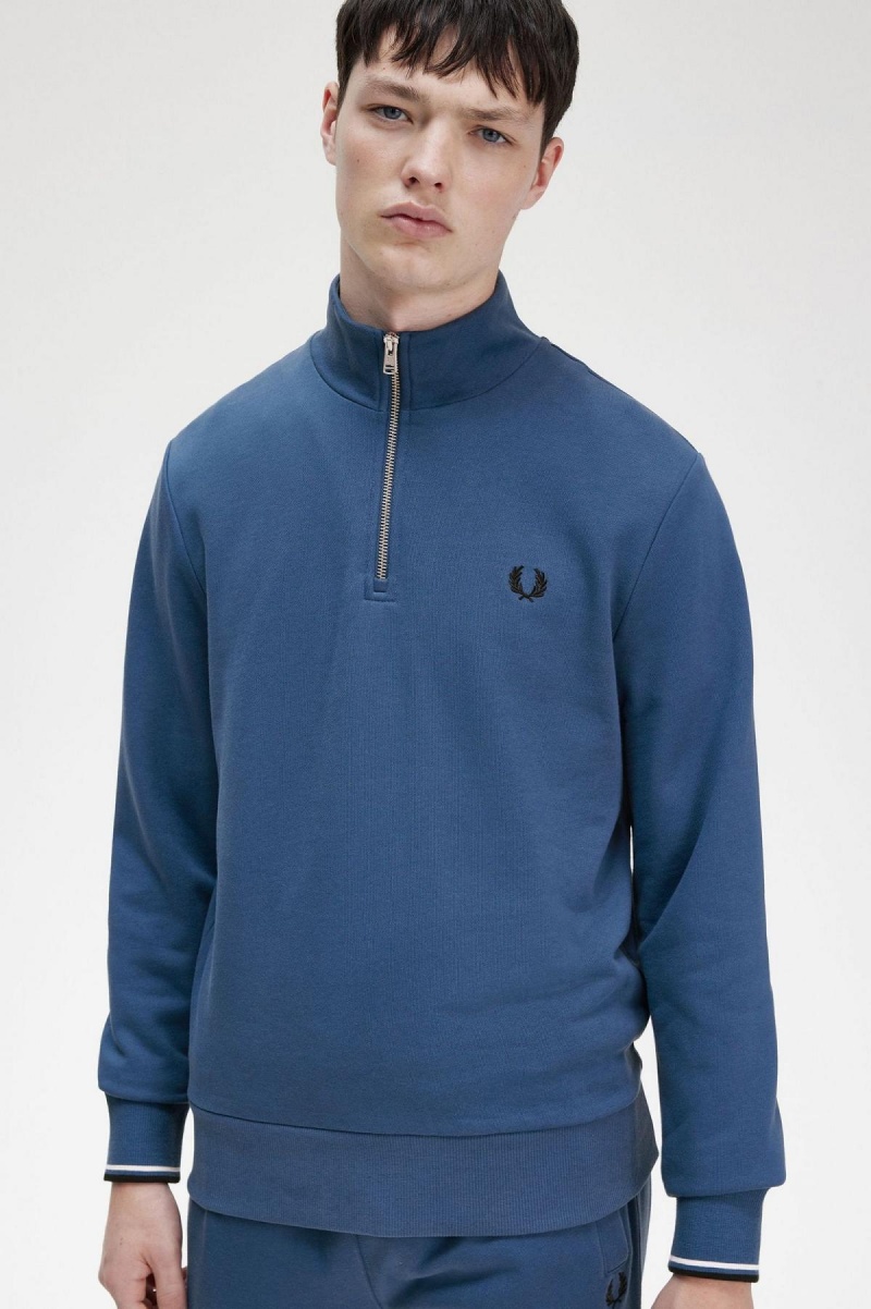 Midnight Blue Fred Perry Half Zip Men's Sweatshirts | SGZPD70206