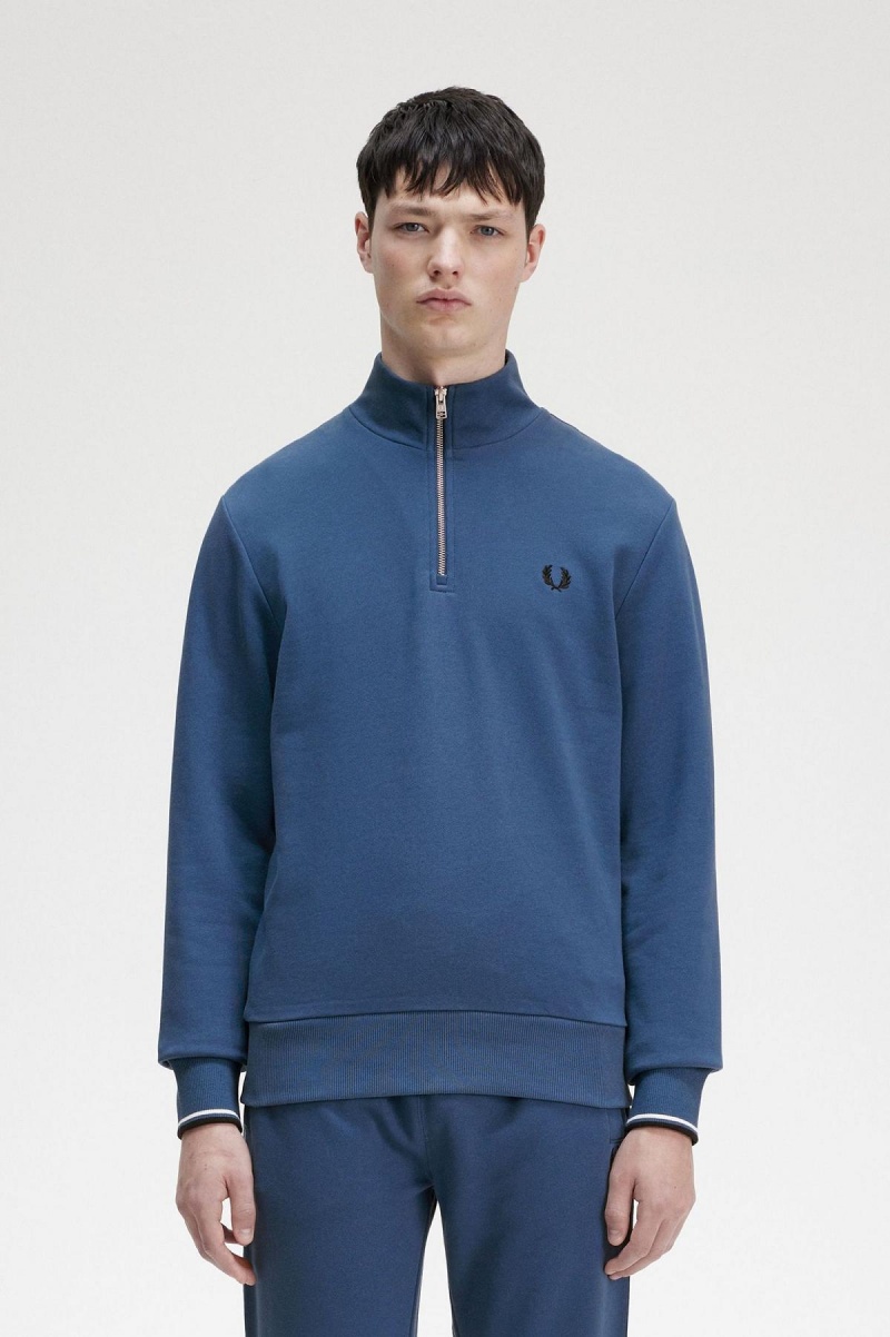 Midnight Blue Fred Perry Half Zip Men\'s Sweatshirts | SGZPD70206