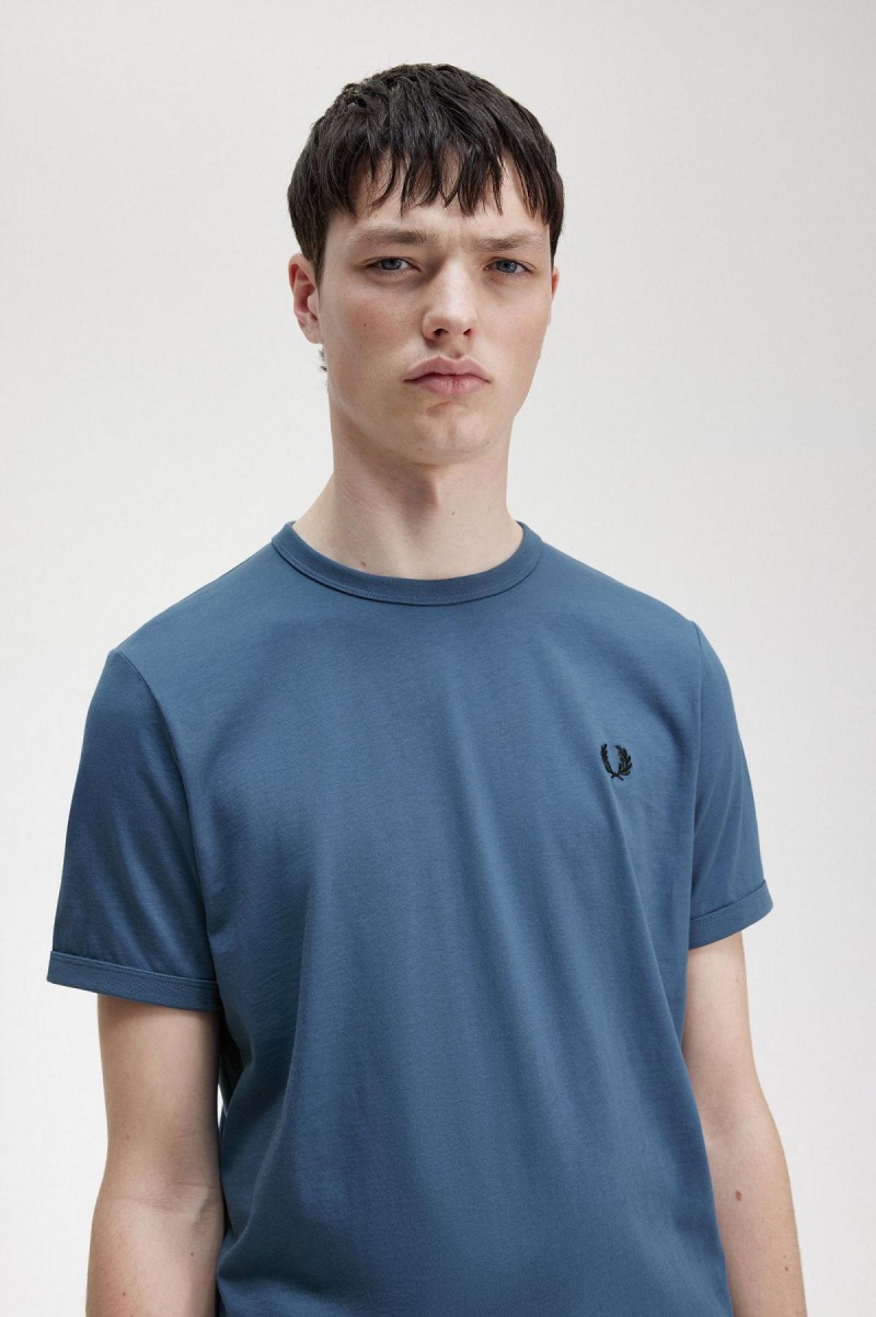 Midnight Blue Fred Perry Ringer Men's T Shirts | SGZDE46200