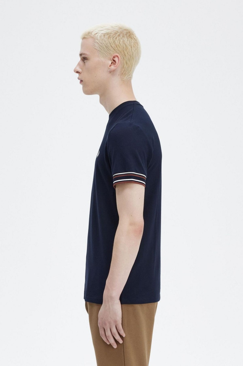 Navy Fred Perry Bold Tipped Piqué Men's T Shirts | ZSGMJ21456