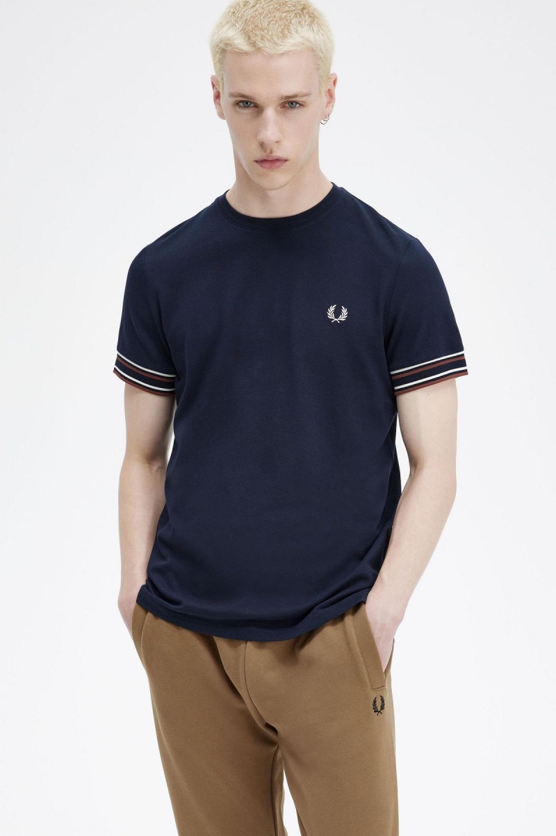 Navy Fred Perry Bold Tipped Piqué Men's T Shirts | ZSGMJ21456