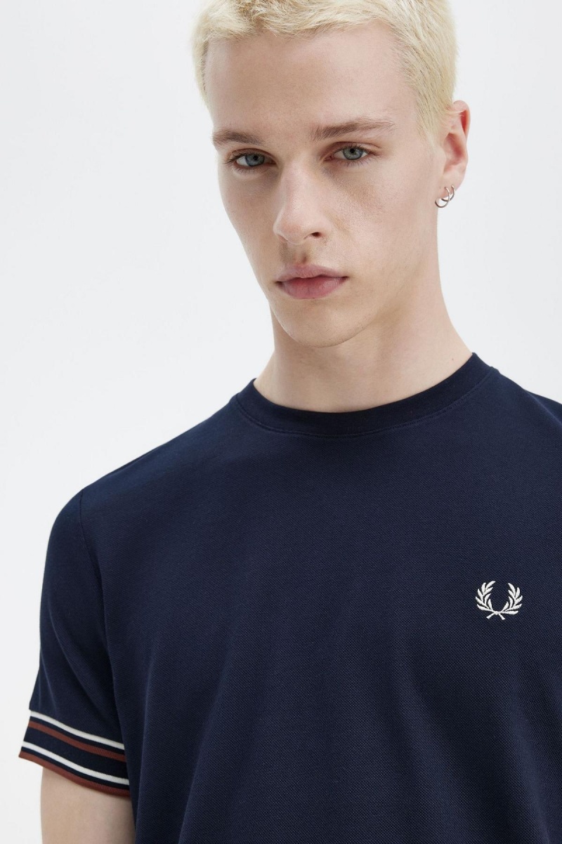 Navy Fred Perry Bold Tipped Piqué Men's T Shirts | ZSGMJ21456