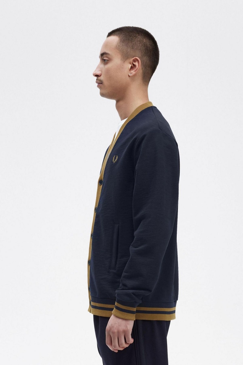 Navy Fred Perry Button Through Men's Sweatshirts | SGJBT65447