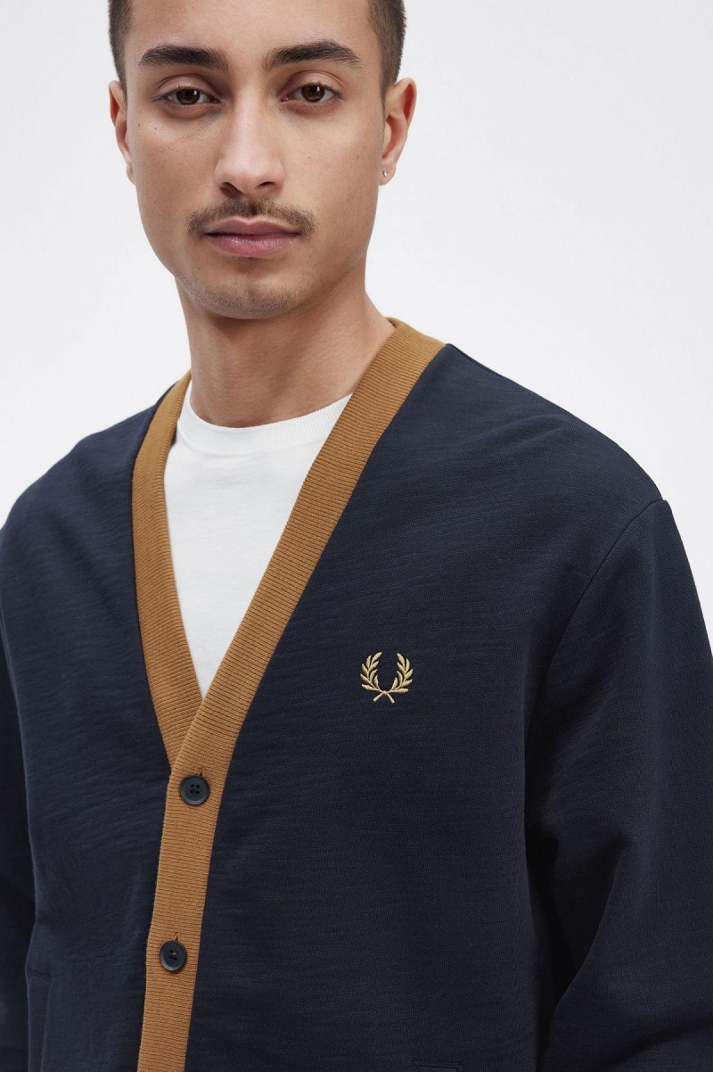 Navy Fred Perry Button Through Men's Sweatshirts | SGJBT65447