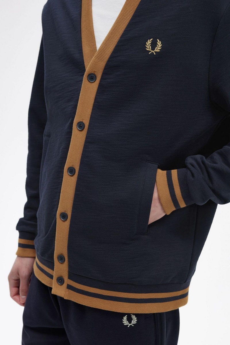 Navy Fred Perry Button Through Men's Sweatshirts | SGJBT65447