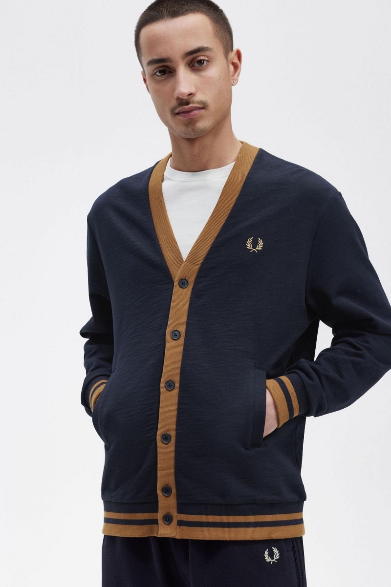 Navy Fred Perry Button Through Men's Sweatshirts | SGJBT65447