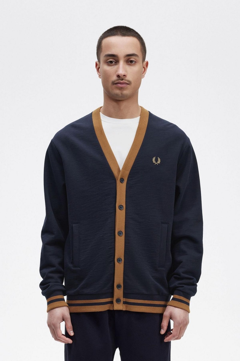 Navy Fred Perry Button Through Men\'s Sweatshirts | SGJBT65447