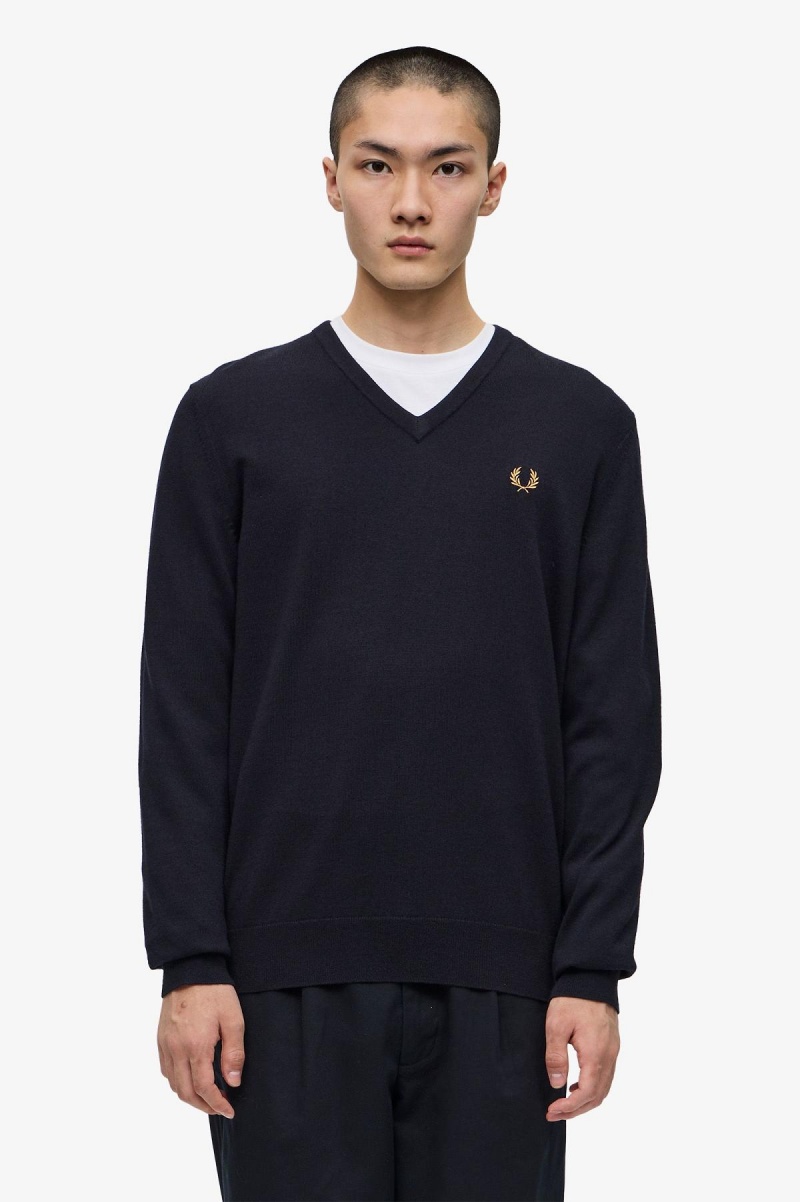 Navy Fred Perry Classic V-Neck Jumper Men\'s Knitwear | YSGVQ59182