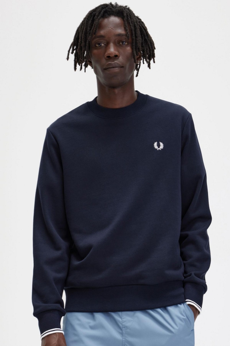 Navy Fred Perry Crew Neck Men's Sweatshirts | ESGVG28798