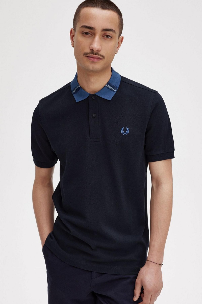 Navy Fred Perry Graphic Collar Polo Shirt Men's Polo Shirts | MSGHR36365