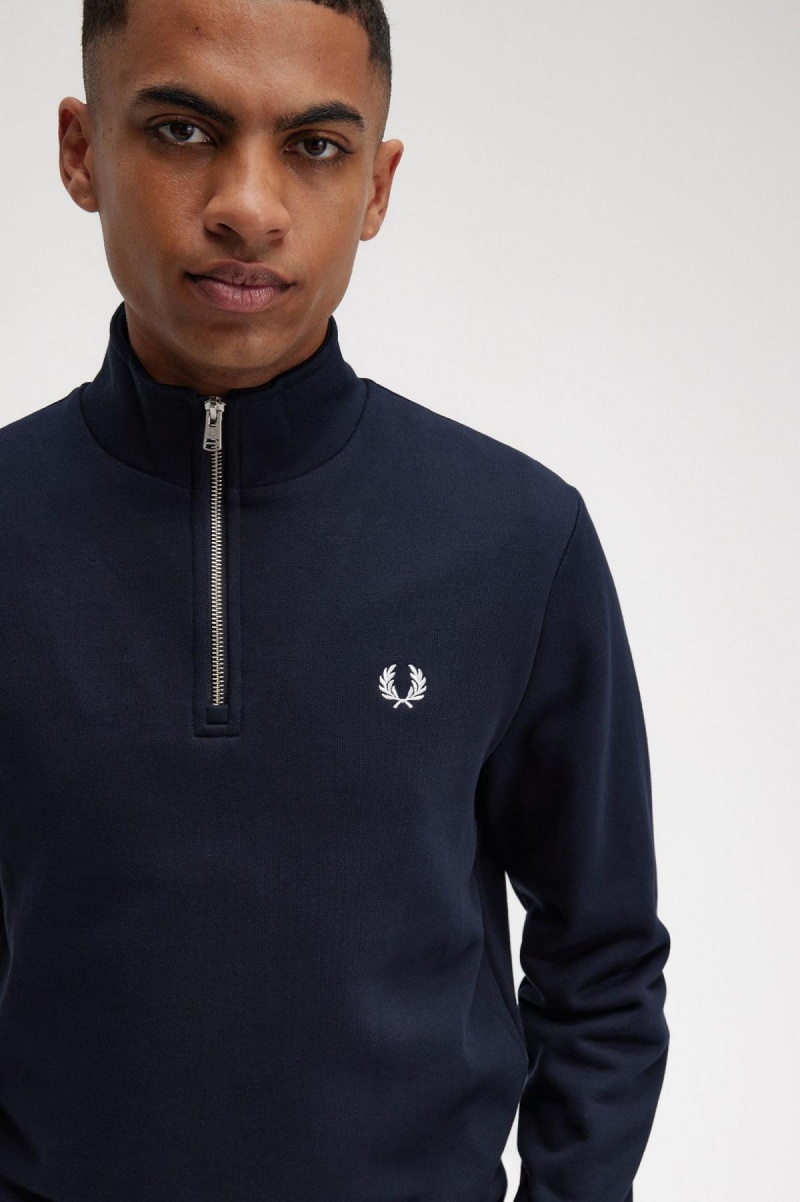 Navy Fred Perry Half Zip Men's Sweatshirts | SGNZX95221