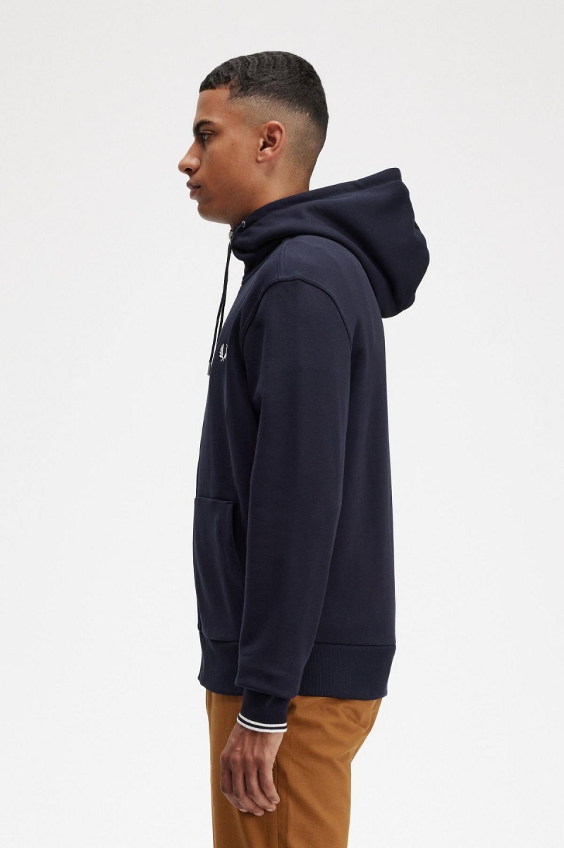 Navy Fred Perry Hooded Zip Through Men's Sweatshirts | ZSGNQ86278