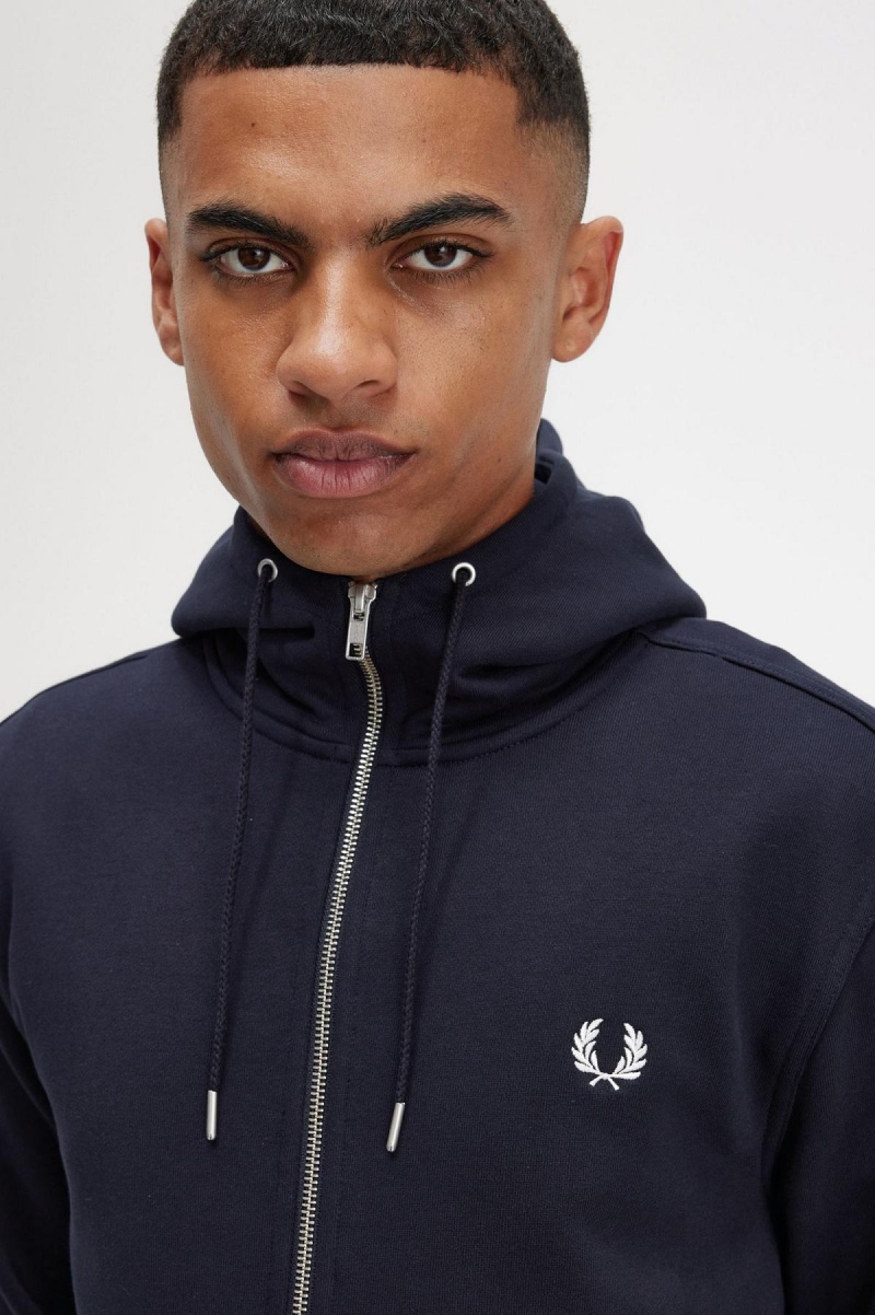 Navy Fred Perry Hooded Zip Through Men's Sweatshirts | ZSGNQ86278