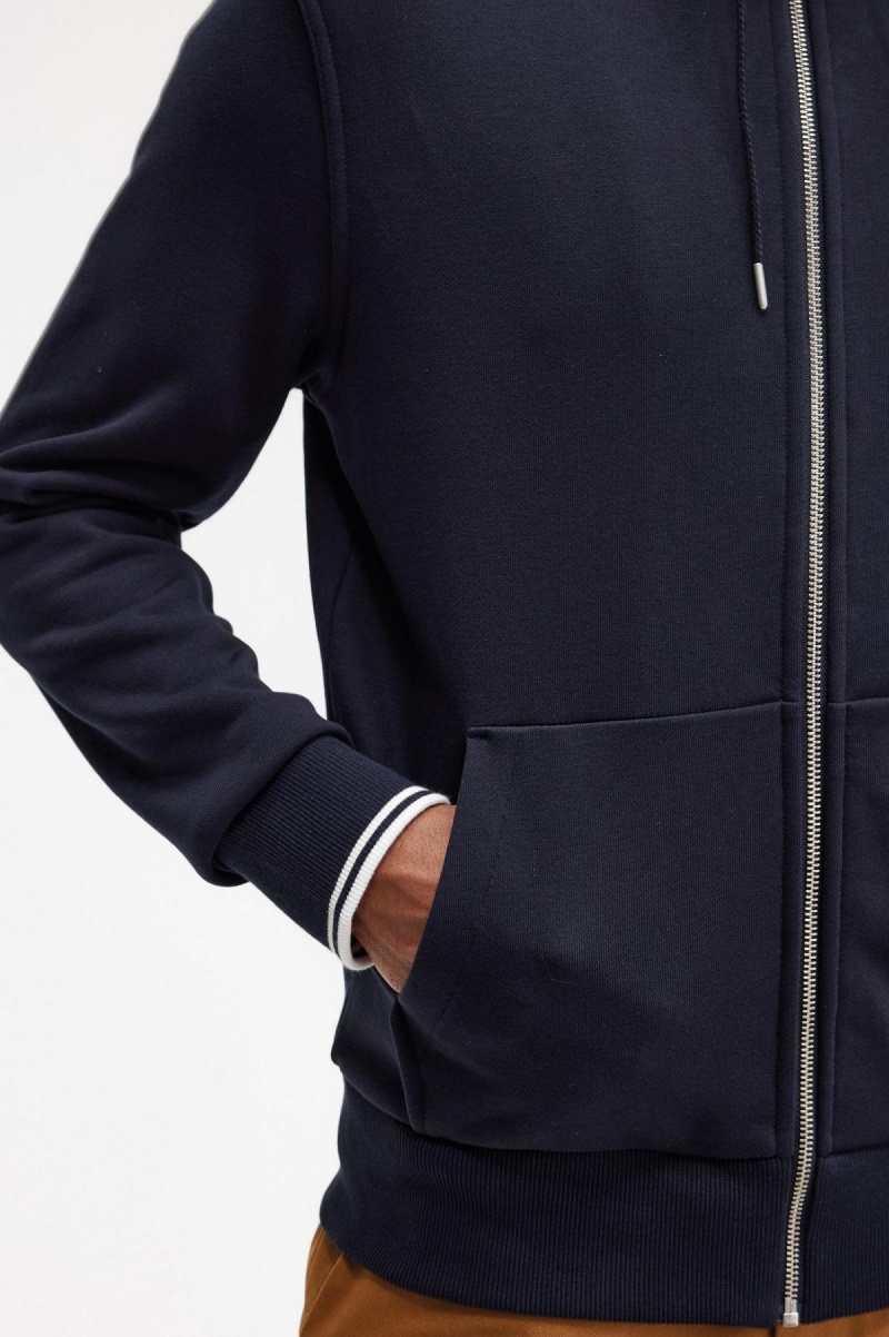 Navy Fred Perry Hooded Zip Through Men's Sweatshirts | ZSGNQ86278