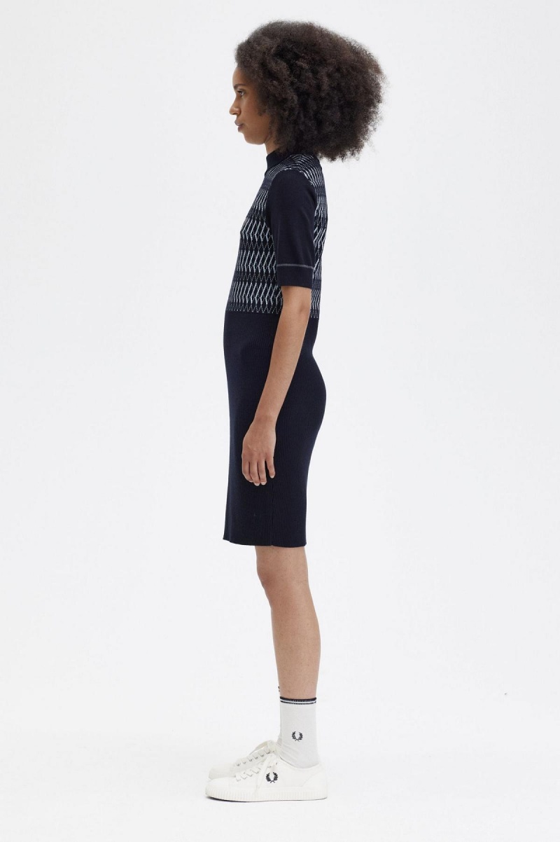 Navy Fred Perry Jacquard Knitted Women's Dress | YSGVQ81305