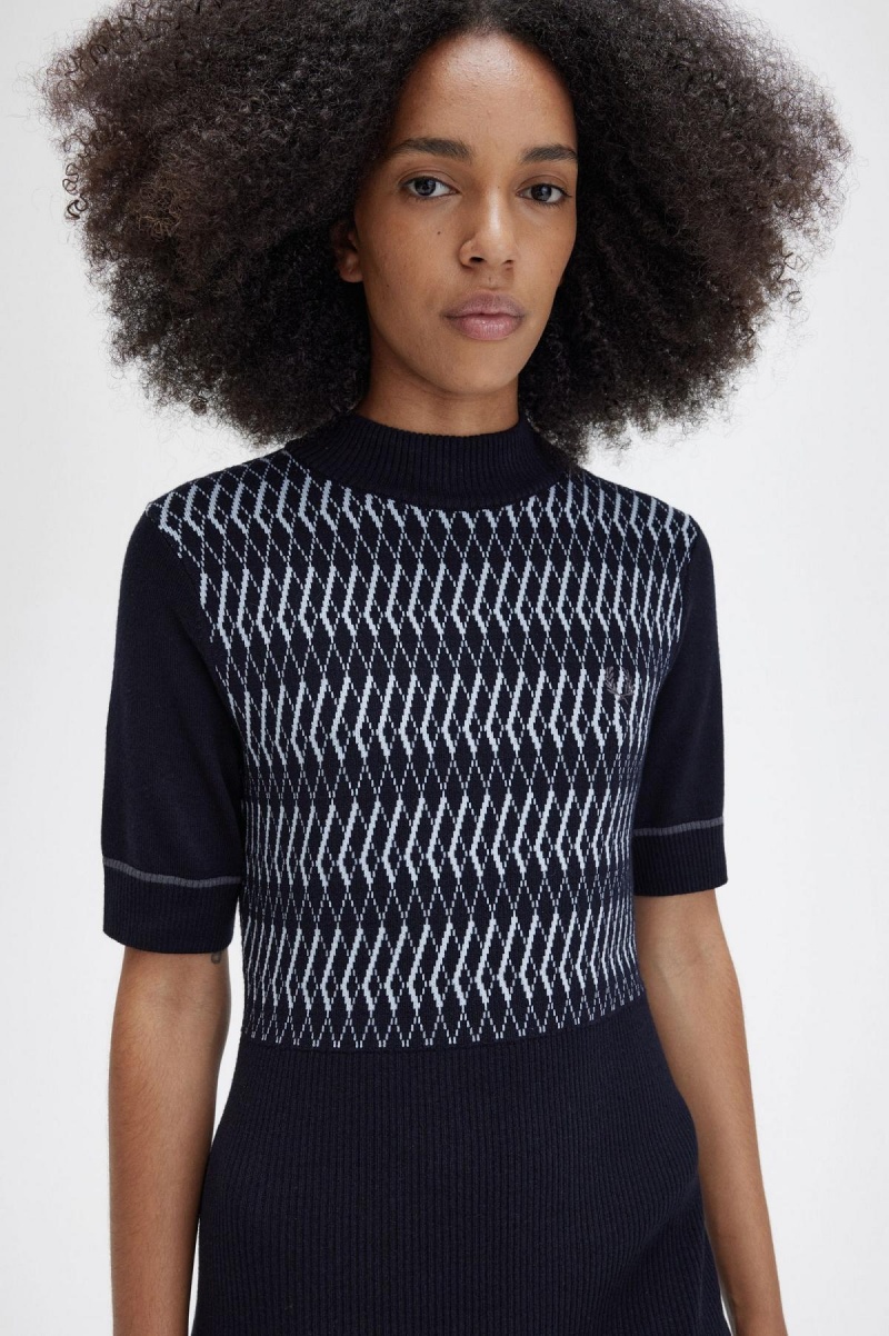 Navy Fred Perry Jacquard Knitted Women's Dress | YSGVQ81305