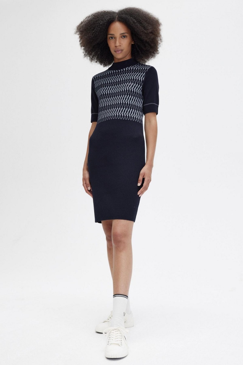 Navy Fred Perry Jacquard Knitted Women's Dress | YSGVQ81305