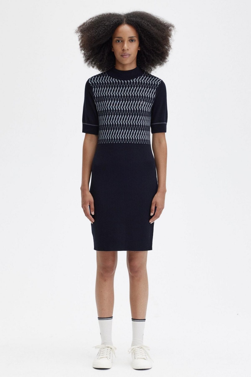 Navy Fred Perry Jacquard Knitted Women\'s Dress | YSGVQ81305