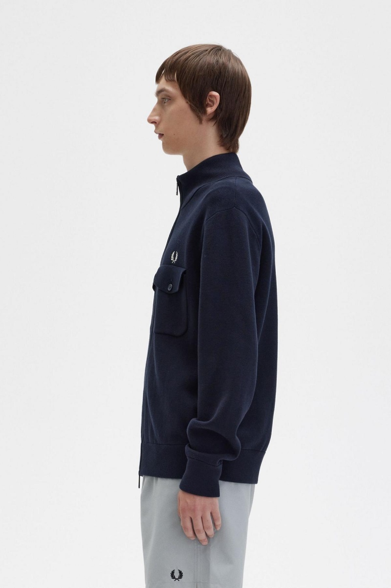 Navy Fred Perry Knitted Men's Track Jackets | SGDYB57278