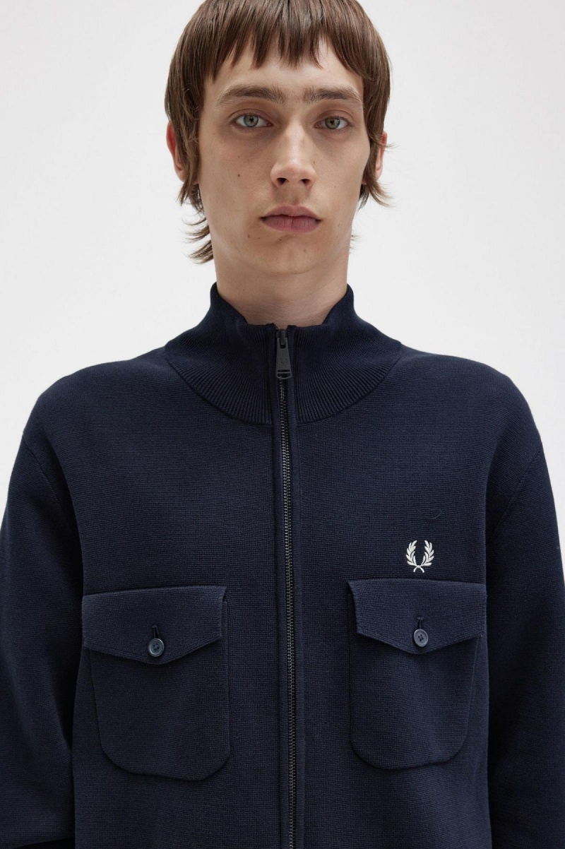 Navy Fred Perry Knitted Men's Track Jackets | SGDYB57278