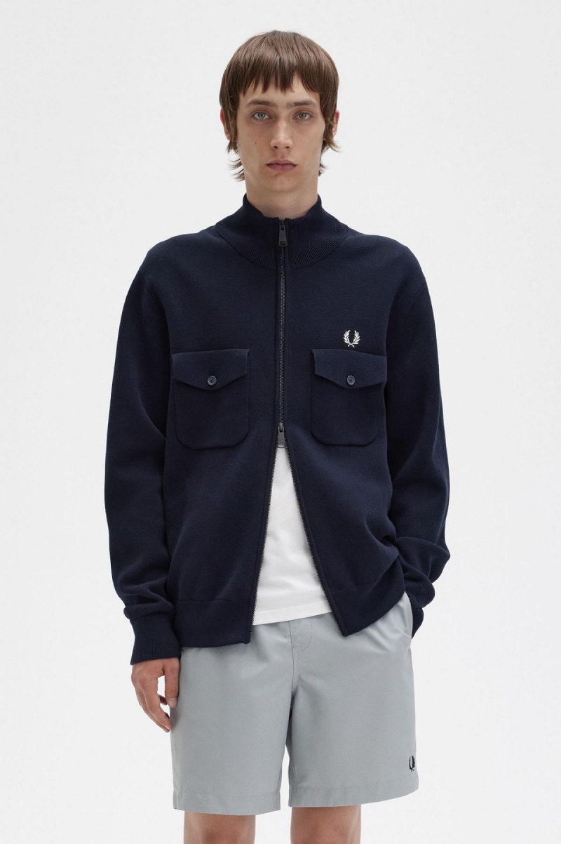 Navy Fred Perry Knitted Men's Track Jackets | SGDYB57278