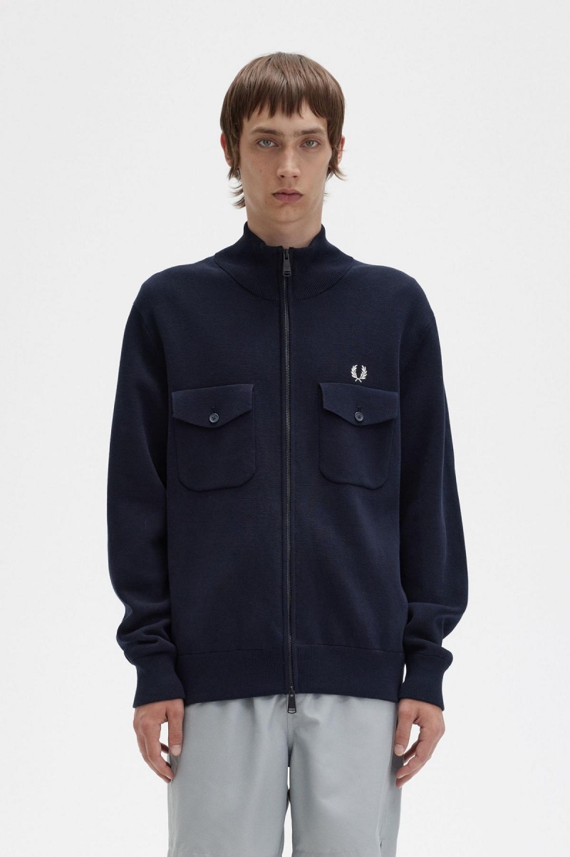 Navy Fred Perry Knitted Men\'s Track Jackets | SGDYB57278