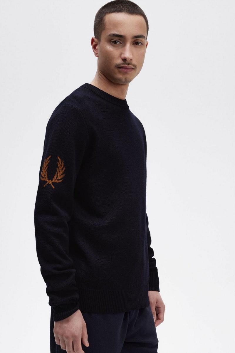 Navy Fred Perry Laurel Wreath Crew- Neck Jumper Men's Knitwear | SGNEJ10988