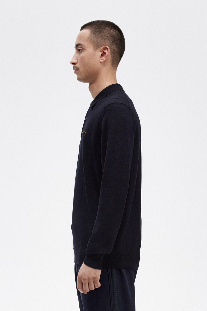 Navy Fred Perry Long Sleeve Knitted Shirt Men's Knitwear | SGZDE14716