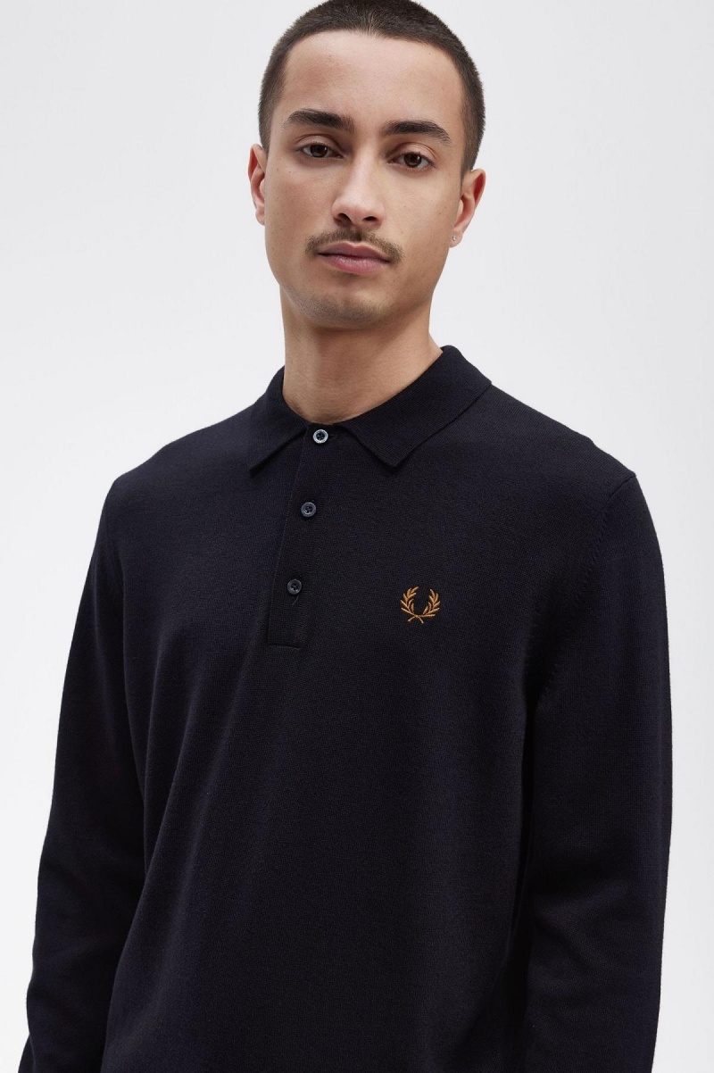 Navy Fred Perry Long Sleeve Knitted Shirt Men's Knitwear | SGZDE14716