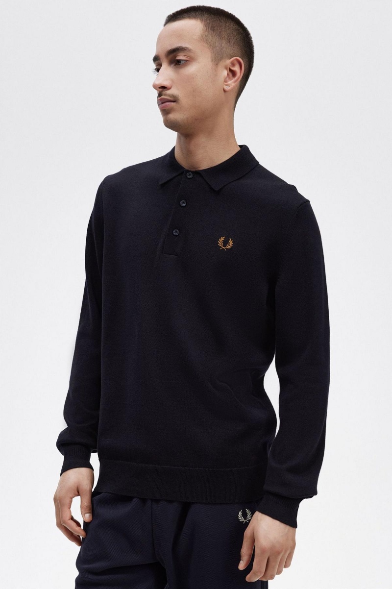 Navy Fred Perry Long Sleeve Knitted Shirt Men's Knitwear | SGZDE14716