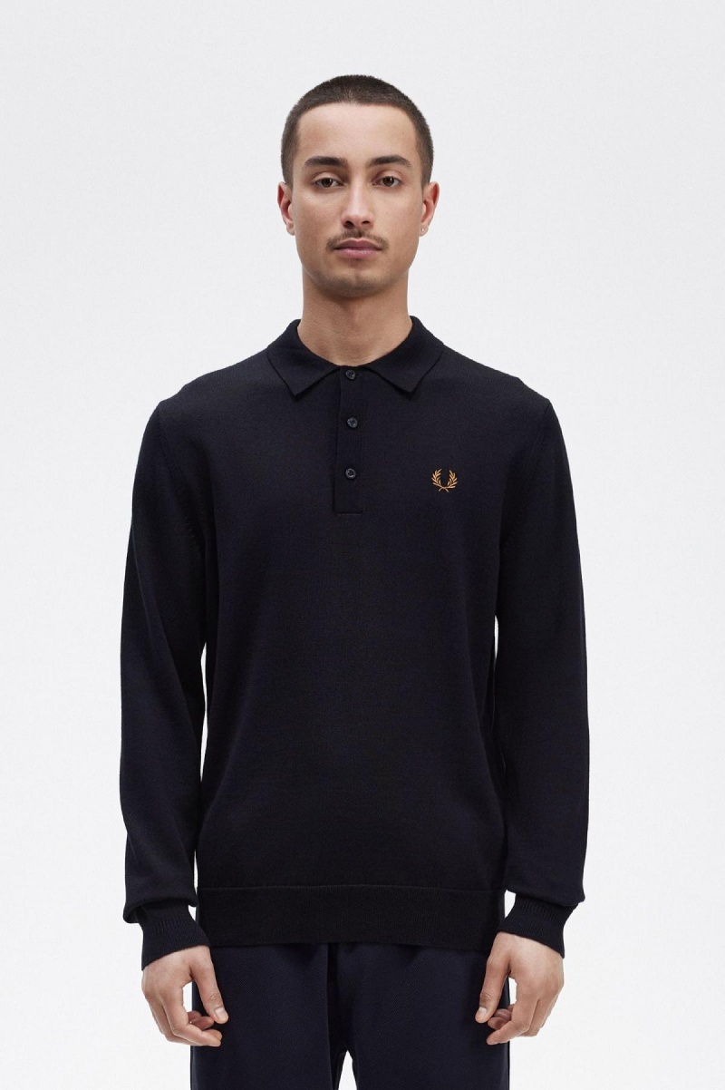 Navy Fred Perry Long Sleeve Knitted Shirt Men\'s Knitwear | SGZDE14716