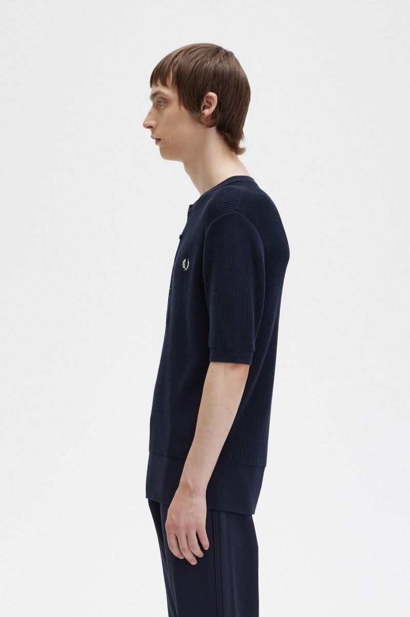 Navy Fred Perry Ribbed Knitted Henley Top Men's Knitwear | USGTG47840