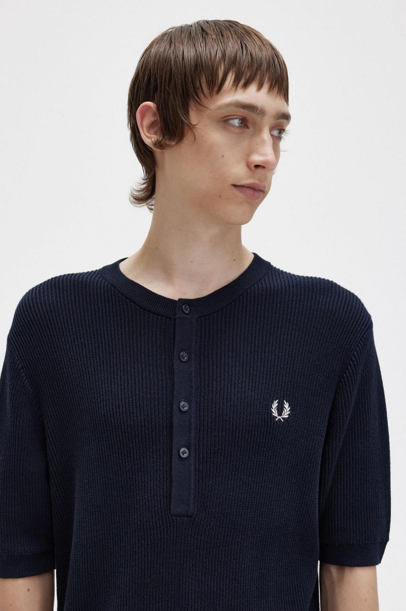 Navy Fred Perry Ribbed Knitted Henley Top Men's Knitwear | USGTG47840