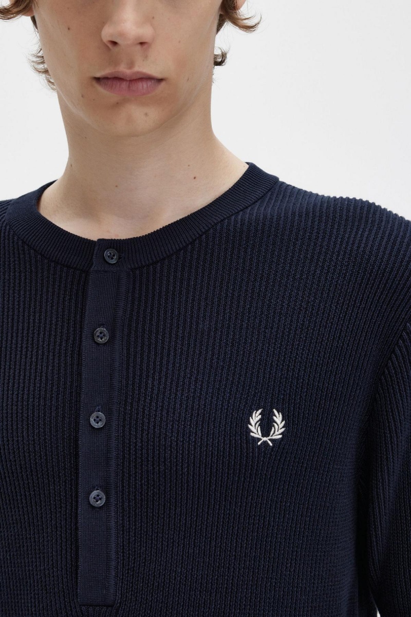 Navy Fred Perry Ribbed Knitted Henley Top Men's Knitwear | USGTG47840