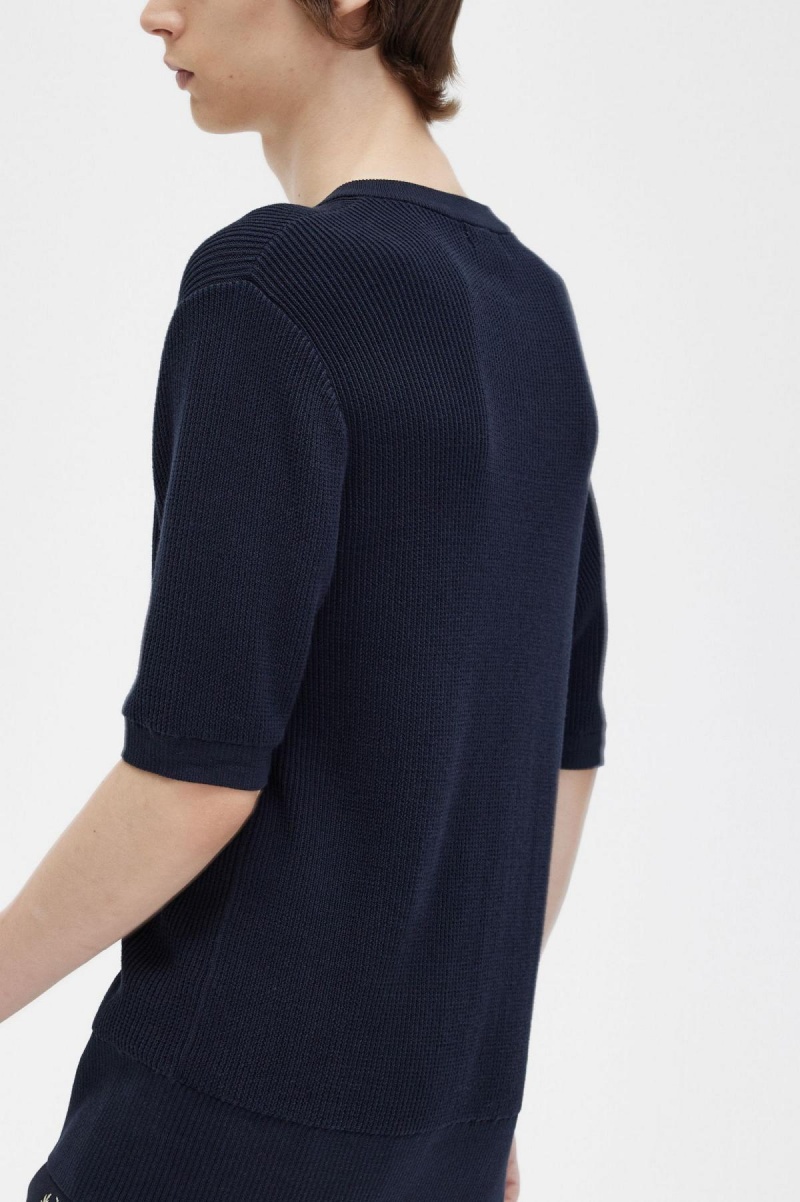 Navy Fred Perry Ribbed Knitted Henley Top Men's Knitwear | USGTG47840