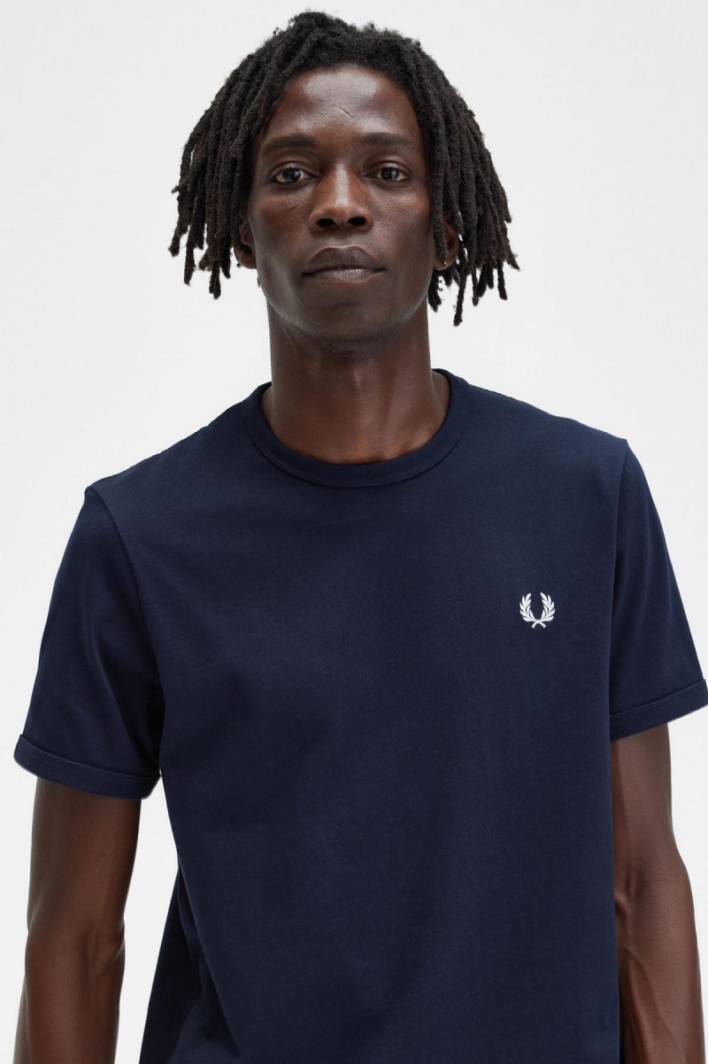 Navy Fred Perry Ringer Men's T Shirts | LSGTR74423